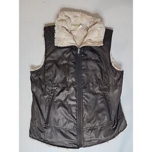 REVERSIBLE Large Womens Sleeveless Vest Brown Ivory Faux Fur Fleece Gorpcore